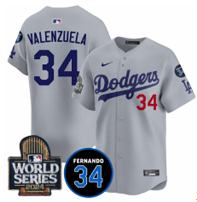 Men's Los Angeles Dodgers #34 Toro Valenzuela Grey 2024 World Series With Fernando Memorial Patch Limited Stitched Baseball Jersey Men's Los Angeles Dodgers #34 Toro Valenzuela Grey 2024 World Series With Fernando Memorial Patch Limited Stitched Baseball Jersey